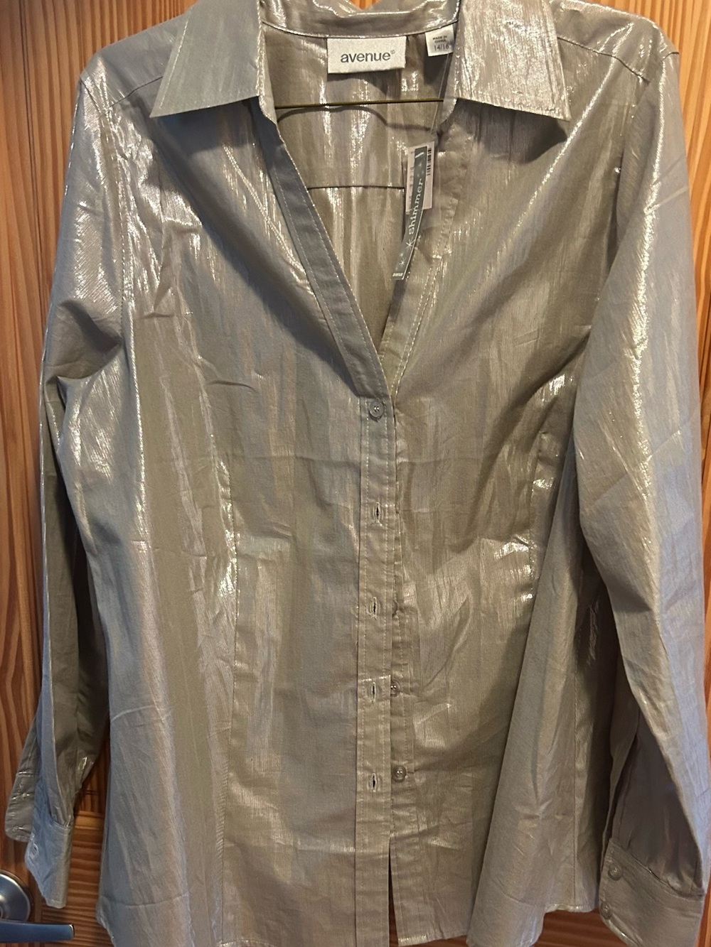 Avenue Women’s Shimmer Silver Metallic Button Down Blouse V Neck size 14/16 NWT